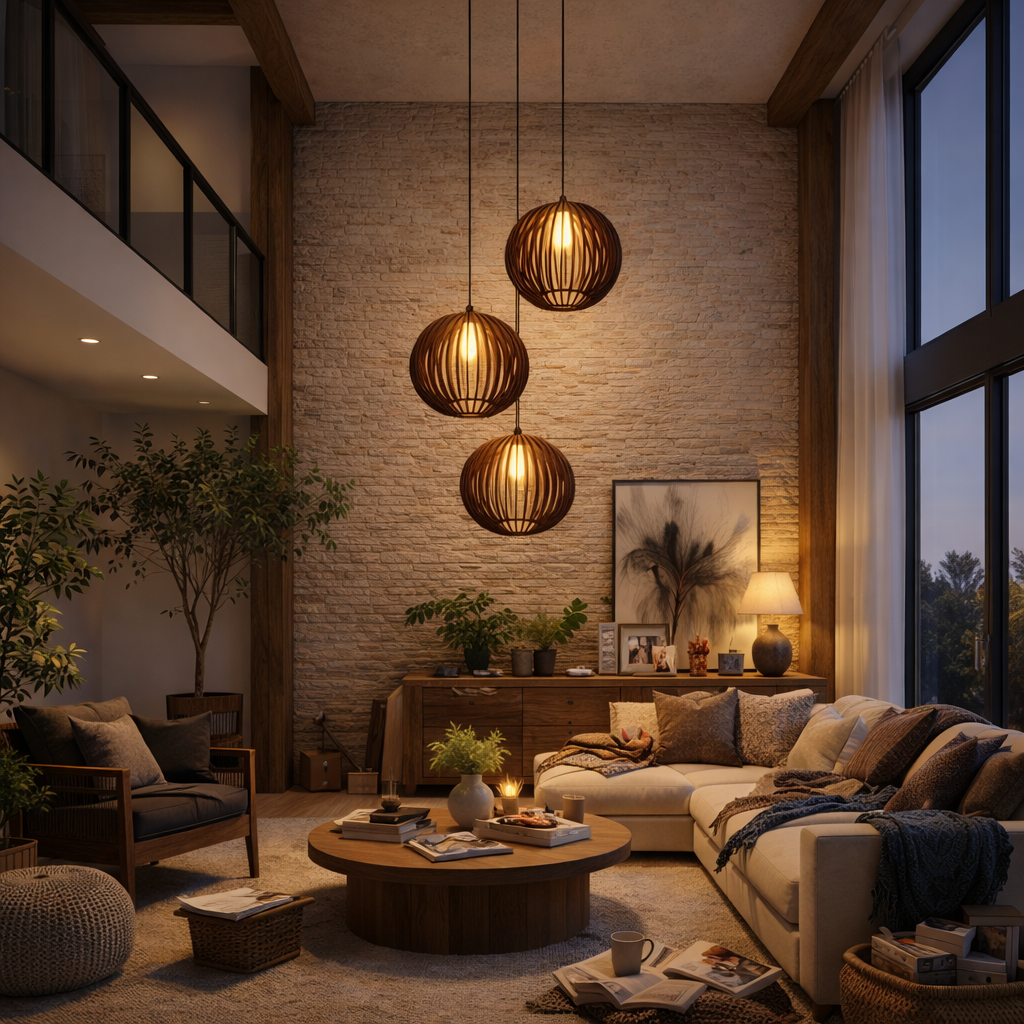 Lustre Pendente Para Sala Pé direito Duplo Quatro Ball P7 - Marrom