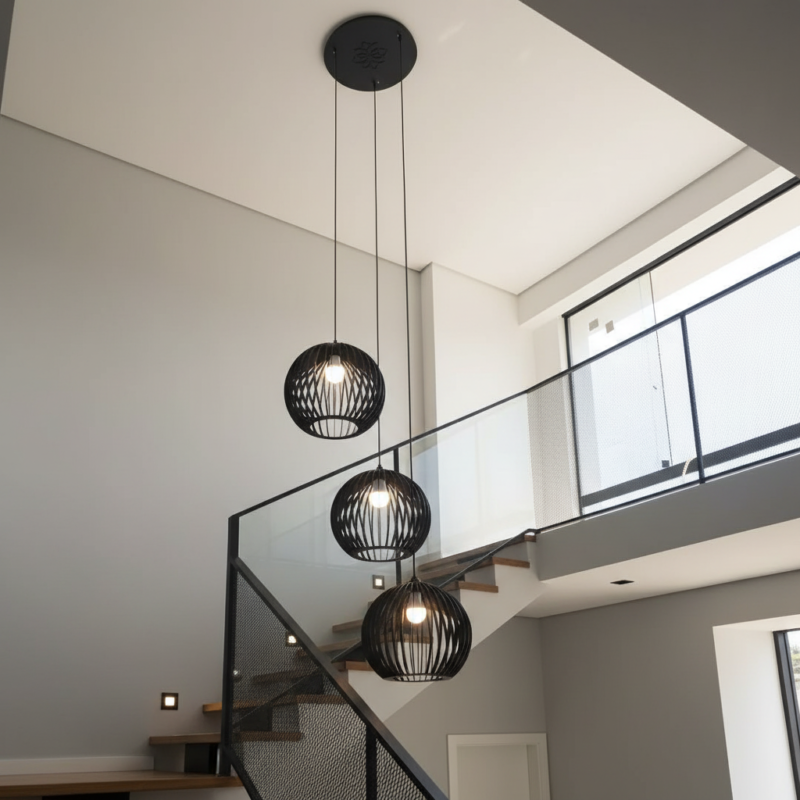 Lustre Pendente Para Sala Pé direito Duplo Trio Ball P7 - Preto