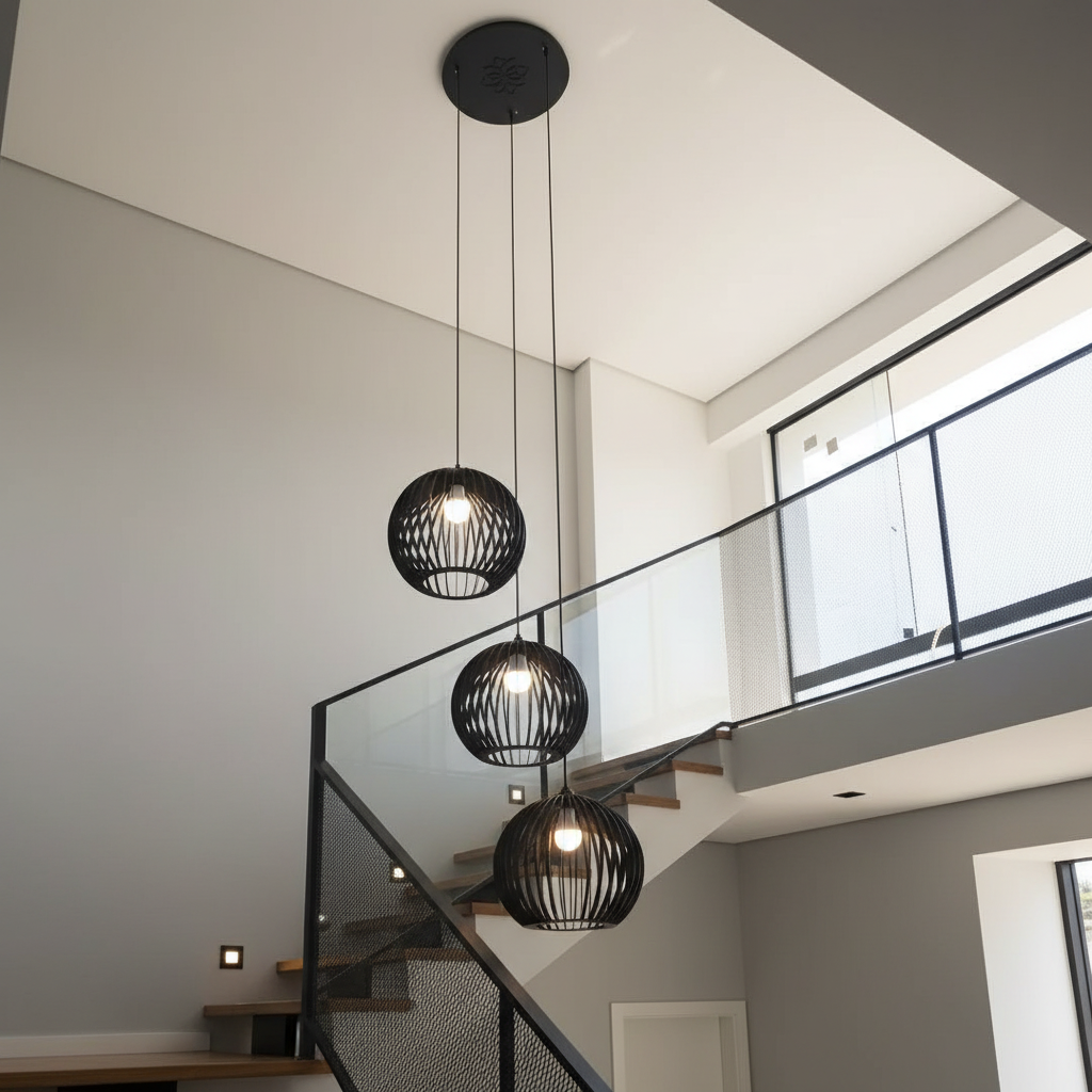 Lustre Pendente Para Sala Pé direito Duplo Trio Ball P7 - Preto