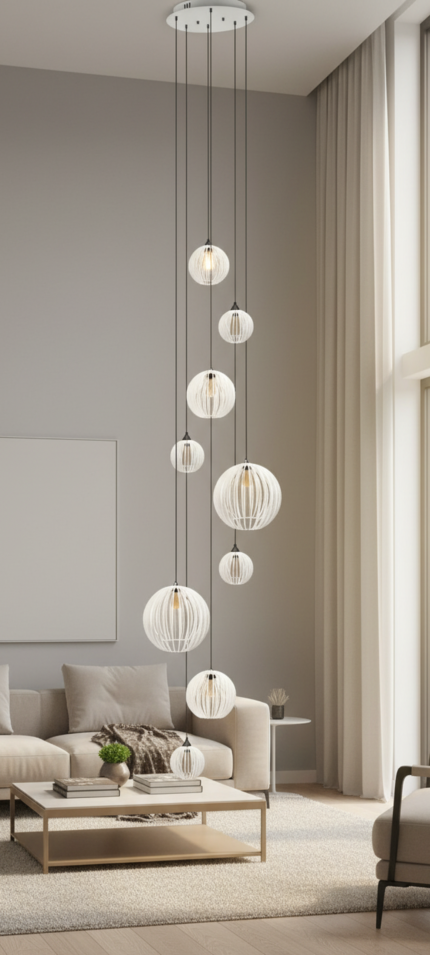 Lustre Pendente Para Sala Pé direito Duplo Mix Ball P7 - Branco - Imagem 4