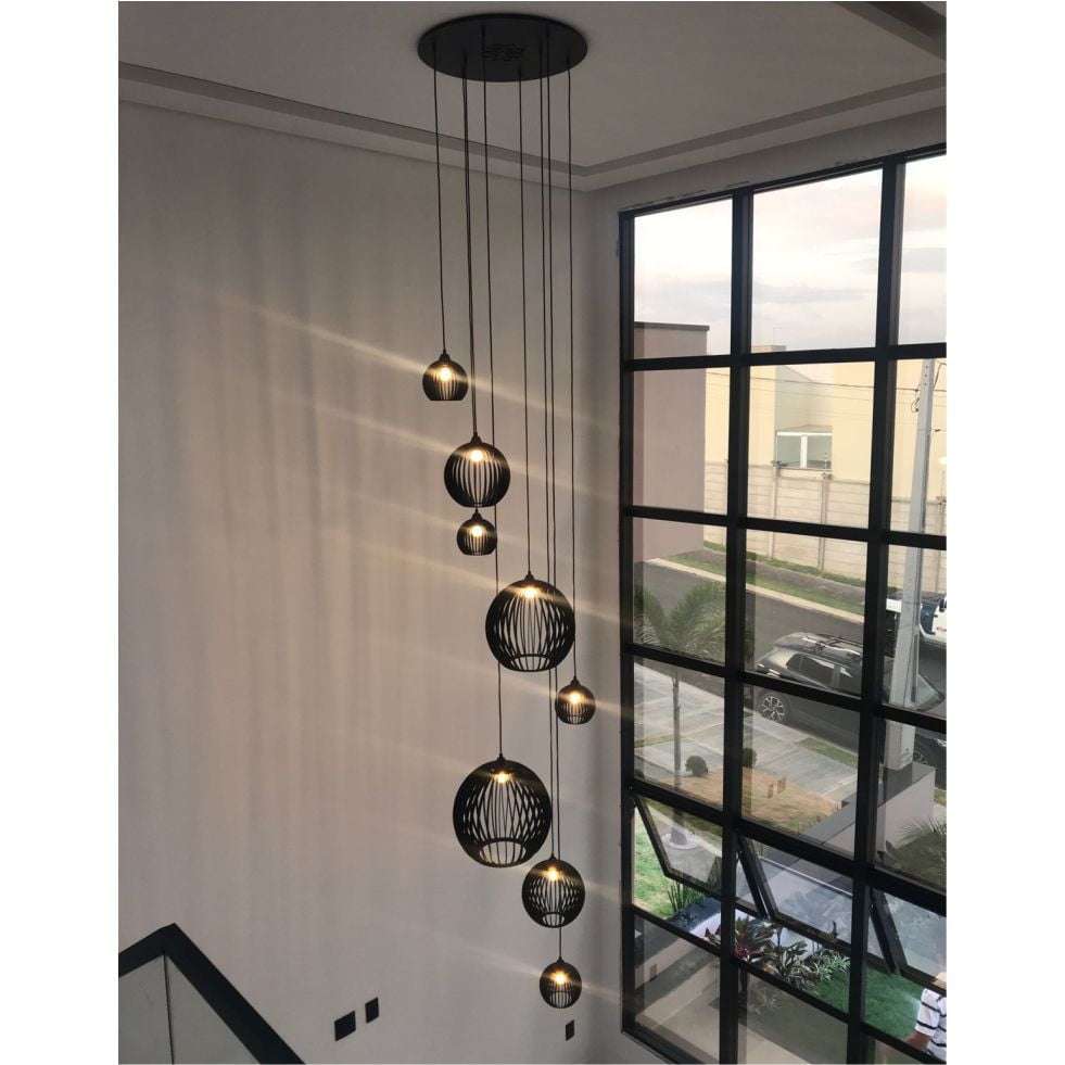 Lustre Pendente Para Sala Pé direito Duplo Mix Ball P7 - Preto - 1