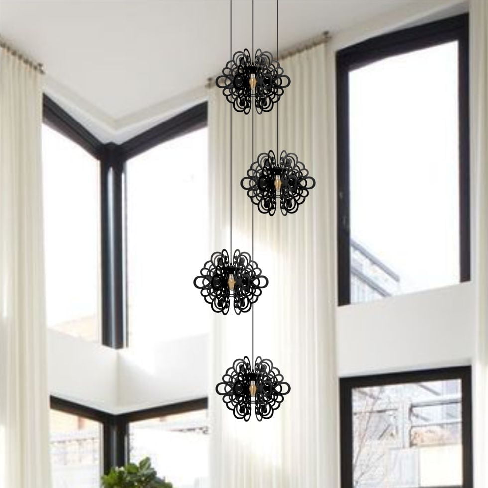 Lustre Pendente Para Sala Pé direito Duplo Quatro Arabesques Preto