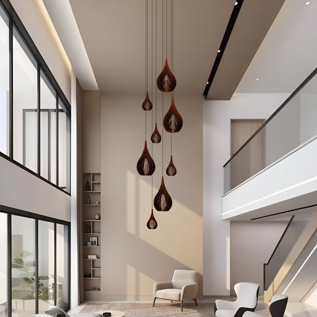 Lustre Pendente Para Sala Pé direito Duplo Rain Marrom