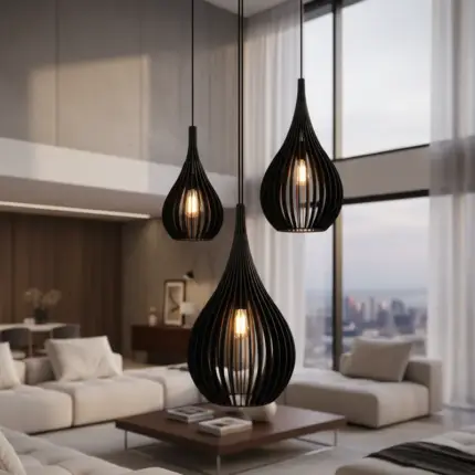 Lustre Pendente Para Sala Pé direito Duplo Rain Preto - Imagem 6