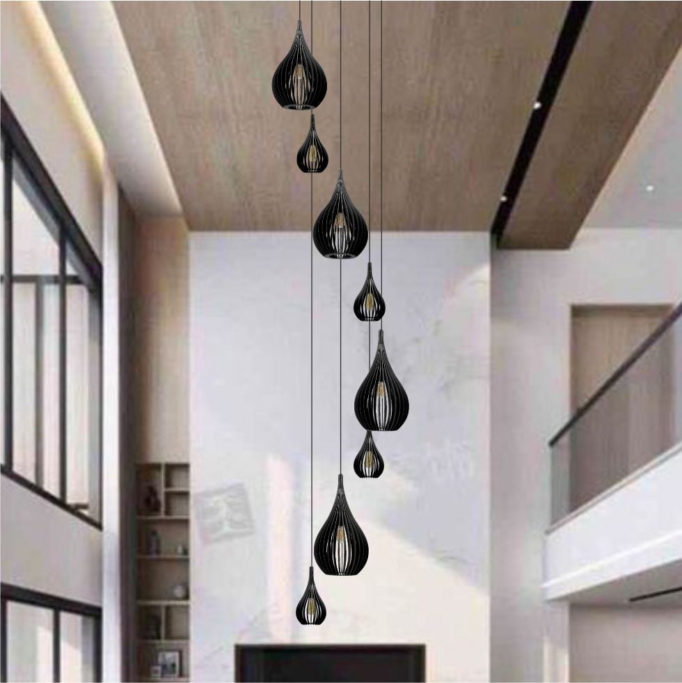 Lustre Pendente Para Sala Pé direito Duplo SP-Rain Preto