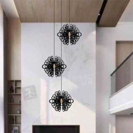 Lustre Pendente Para Sala Pé direito Duplo Trio Arabesques Preto