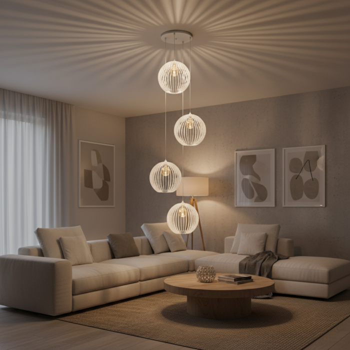 Lustre Quatro Cnidário Ac. Cristal para pé direito alto