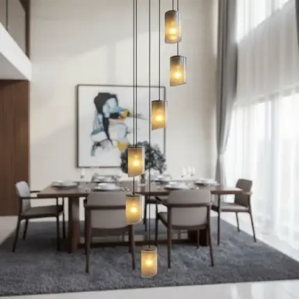 Lustre para sala Cúpula Fumê 6 lâmpadas pé direito alto